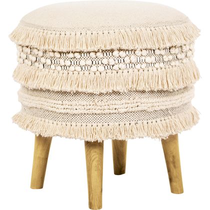 Buy Pouffe Stool in Boho Bali Style, Wood and Cotton - Janice Bali White 60264 - in the EU