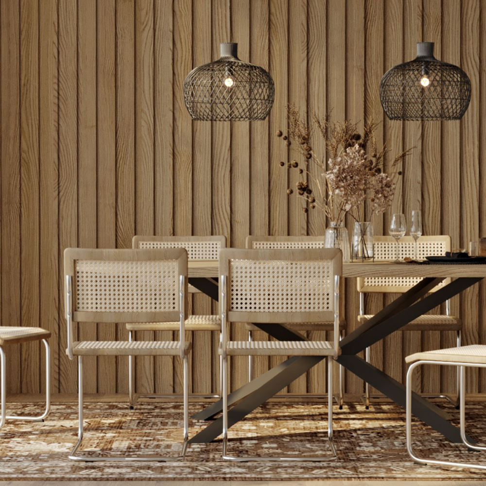 Buy Pack Industrial Wooden Table (220cm) & 8 Rattan Mesh Chairs - Lia Natural 60562 - in the EU