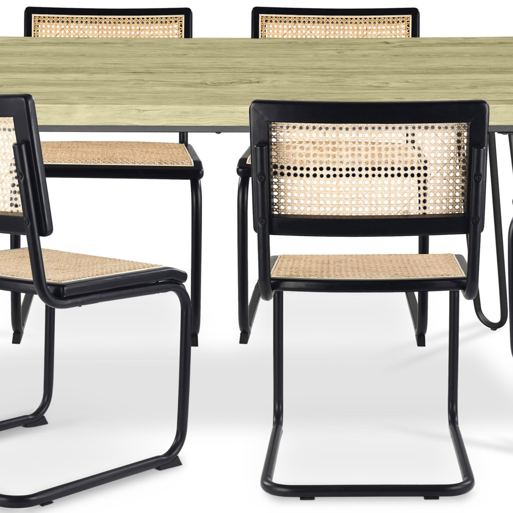 Buy Pack Hairpin Dining Table 150x90 & 6 Black Rattan Mesh Chairs - Canvas Black 60578 - prices