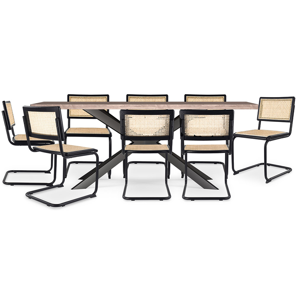  Buy Pack Industrial Wooden Table (200cm) & 8 Rattan Mesh and Black Wood Chairs - Canvas Black 60590 - in the EU
