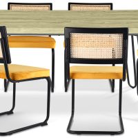 Pack Hairpin Dining Table 150x90 & 6 Black Mesh Rattan and Velvet Chairs - Nema Mustard 60559 photo 1 Buy Pack Hairpin Dining Table 150x90 & 6 Black Mesh Rattan and Velvet Chairs - Nema Mustard 60559 - in the EU