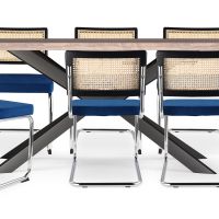 Pack Industrial Wooden Table (200cm) & 8 Rattan and Velvet Mesh Chairs - Jenka Dark blue 60594 photo 1 Buy Pack Industrial Wooden Table (200cm) & 8 Rattan and Velvet Mesh Chairs - Jenka Dark blue 60594 - in the EU