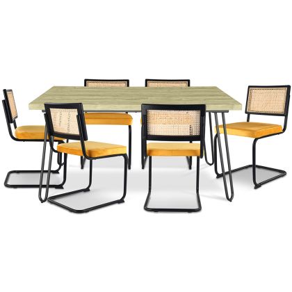 Buy Pack Hairpin Dining Table 150x90 & 6 Black Mesh Rattan and Velvet Chairs - Nema Mustard 60559 in the Europe
