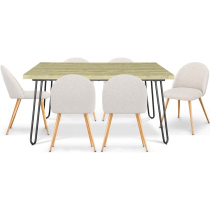 Buy Pack Hairpin Dining Table 150x90 & 6 Bouclé Upholstered Chairs - Bennett White 60565 with a guarantee