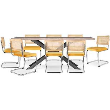 Buy Pack Industrial Wooden Table (200cm) & 8 Rattan and Velvet Mesh Chairs - Wanda Mustard 60593 - in the EU