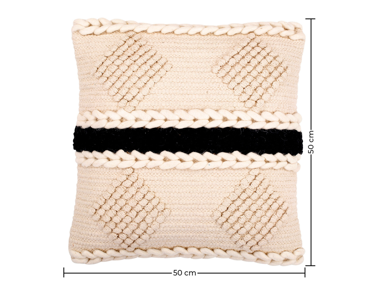 Buy Square Cushion in Boho Bali Style, Cotton & Wool cover + filling - Minerva Black 60195 home delivery