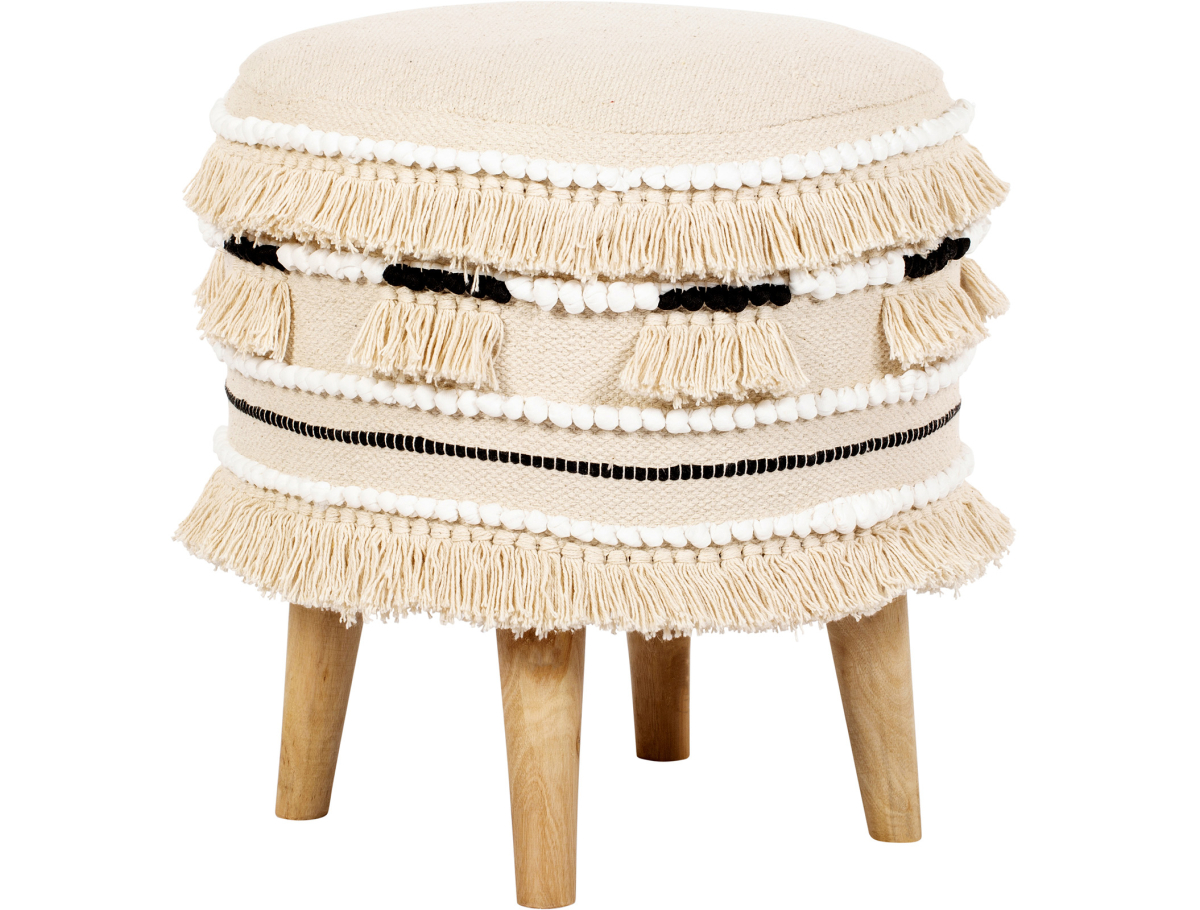Buy Pouffe Stool in Boho Bali Style, Wood and Cotton - Jessie Bali Cream 60266 - in the EU