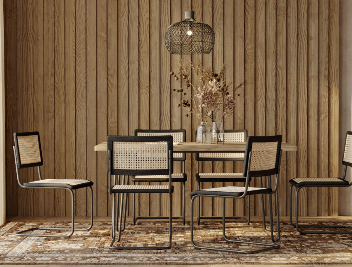 Buy Pack Hairpin Dining Table 150x90 & 6 Black Rattan Mesh Chairs - Canvas Black 60578 - in the EU