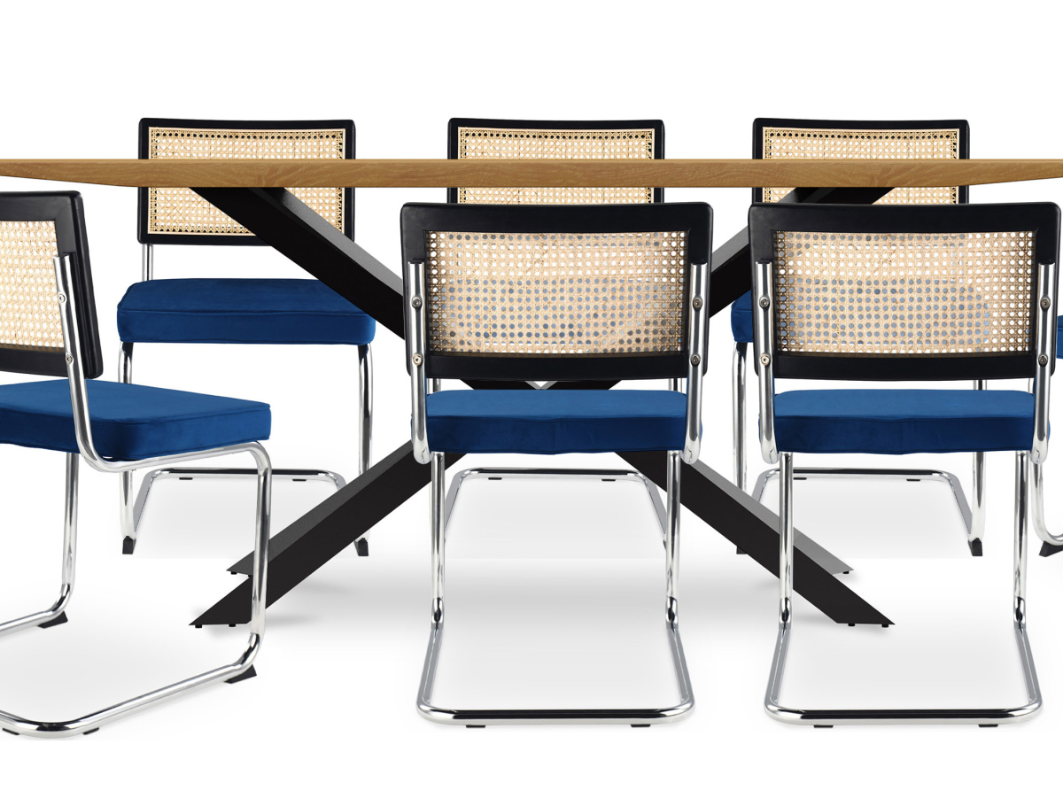 Buy Pack Industrial Wooden Table (220cm) & 8 Rattan and Velvet Mesh Chairs - Jenka Dark blue 60597 - prices
