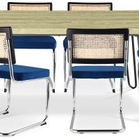 Pack Hairpin Dining Table 150x90 & 6 Black Mesh Rattan and Velvet Chairs - Jenka Dark blue 60582 photo 1 Buy Pack Hairpin Dining Table 150x90 & 6 Black Mesh Rattan and Velvet Chairs - Jenka Dark blue 60582 - in the EU